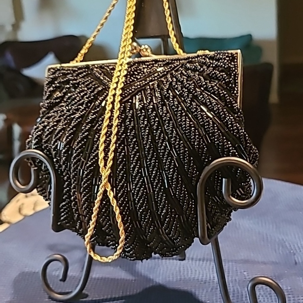Beaded evening bag. Lovely black satin and beads gold clasp. Sz. 6"x6". (#1315) - Picture 13 of 14